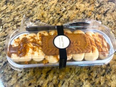 Packaged Biscoff cookie cake from Halal Pita’s dessert selection