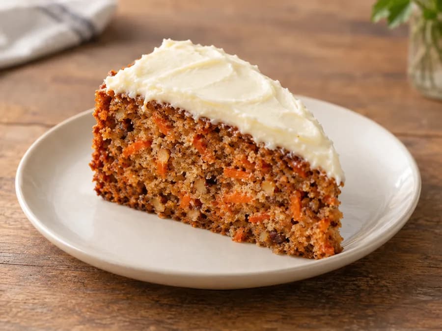 Illustrative slice of carrot cake with white frosting; actual cake may vary