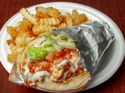 Chicken gyro pita, pictured with fries