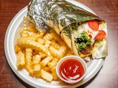 Gyro pita pictured with fries