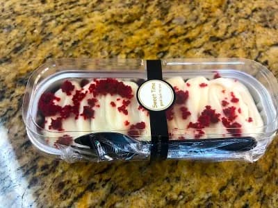Packaged red velvet cake from Halal Pita’s dessert selection