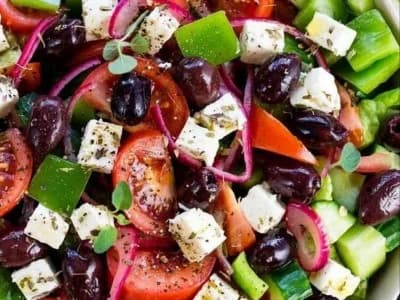 Greek salad with vegetables, feta and olives